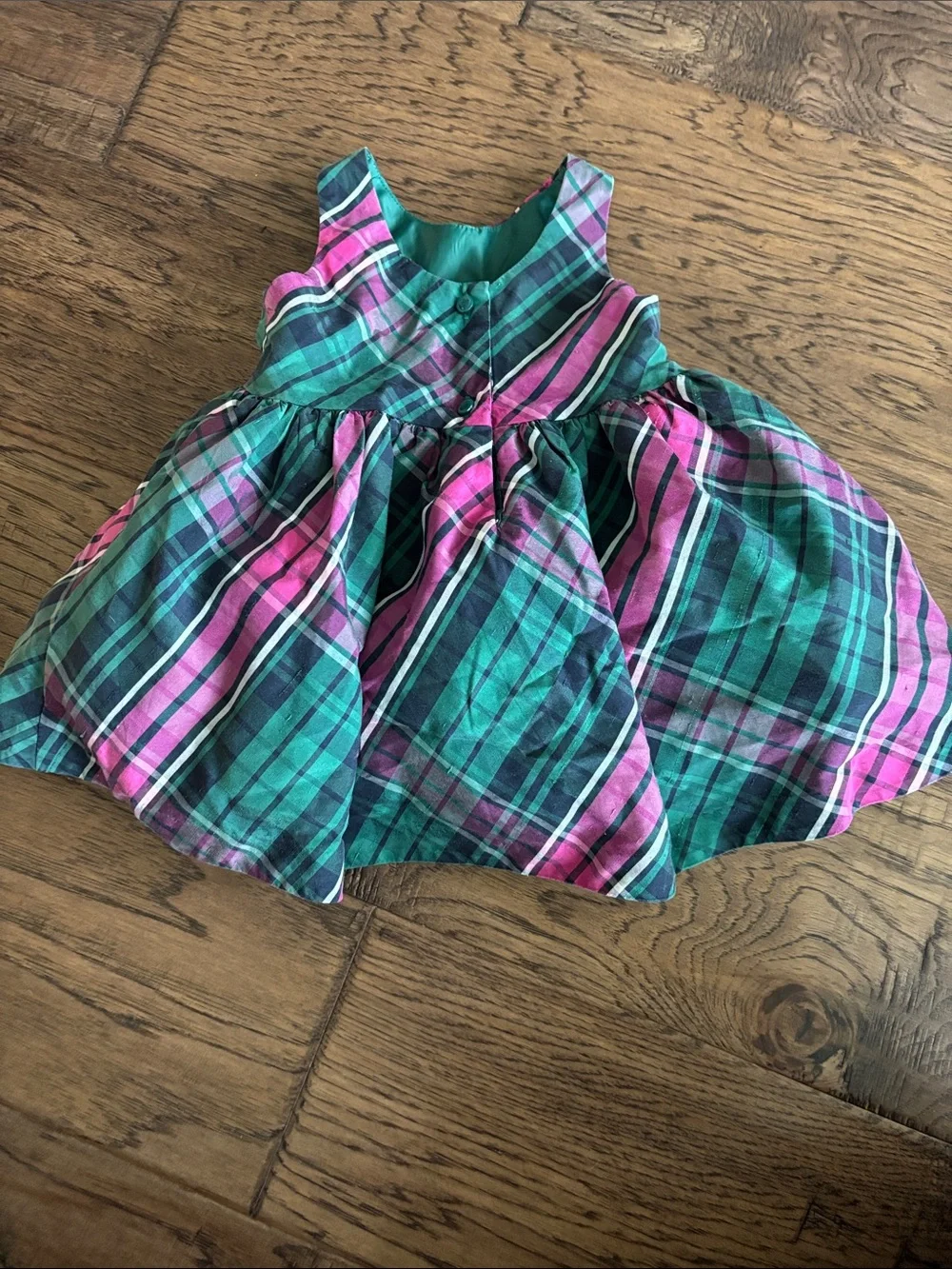 Girls’ Silk-Blend Plaid Party Dress with Pink Rosette Waist